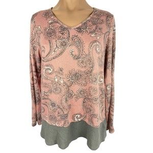 Ellen Tracy Pullover Sweater Sz M Pink w Gray & White Paisley Long Sleeve V-Neck